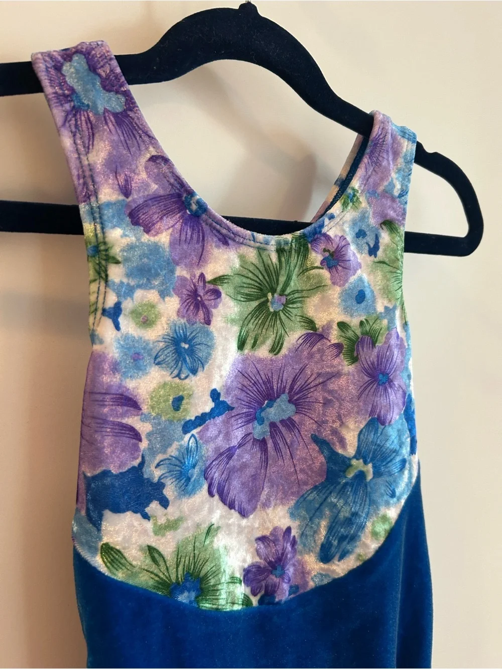 GK Girls Blue Floral Tank Velvet Gymnastics Leotard - Child’s Medium